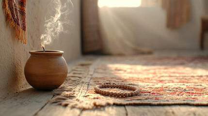 Clay pot emitting smoke beside prayer beads on woven carpet indoors  