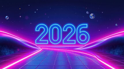 New Year neon inscription texture background abstraction 2026 geometry wave paint