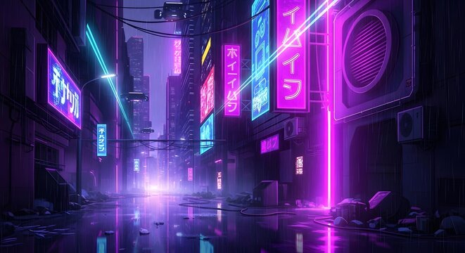 Vibrant cyberpunk city street at night, bathed in the radiant glow of neon blue and purple lights, reflecting on wet pavement in a futuristic urban setting