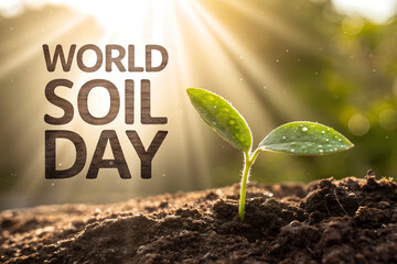 Sprouting green plant in rich soil with sunlight and bold “World Soil Day” text, highlighting global awareness of soil health, sustainability, and conservation. generative ai