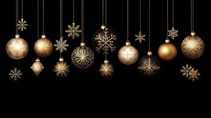 Golden Christmas decorations with balls and snowflakes gracefully hang against a black background, adding a touch of luxury for the holidays