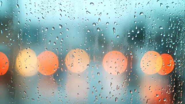 Close-up of raindrops trickling down glass with blurred lights