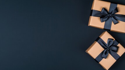 Stylish black gift boxes adorned with ribbon bows are arranged on a dark background, perfect for promoting Black Friday sales