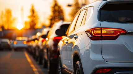 Modern SUVs in Dealership Lot at Sunset with Focus on White SUV