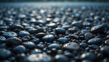 Fototapeta premium Wet pebbles illuminated by soft white light after rain, water drops visible, realistic photography, shallow depth of field, moody natural lighting.