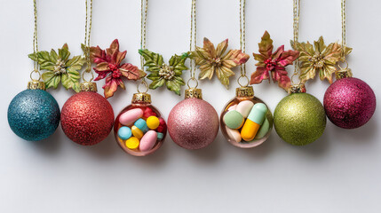 Christmas medicine-themed greeting card with festive decorations.
