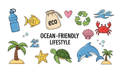 Naklejka premium Oceanfriendly lifestyle elements including a dolphin, turtle, and recycling symbol