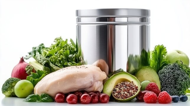 Top view of containers filled with quinoa salad and chicken fillet, emphasizing freshness and healthy eating