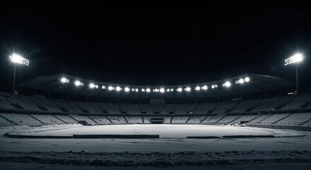 An empty, snow-covered sports stadium stands illuminated by powerful floodlights under a dark winter night sky, creating a dramatic and serene atmosphere.