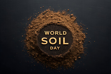 Circular soil patch with bold golden “World Soil Day” text on dark background, symbolizing global awareness of soil health, conservation, and sustainability. generative ai