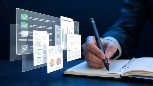 Professional analyzes financial data and makes notes for strategic business growth, revealing valuable insights for investors and stakeholders now