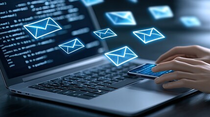 A person's hands are actively typing on a laptop while virtual email icons hover above the screen in a contemporary office setting