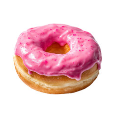 3D render of a pink strawberry frosted donut isolated on white background, top view