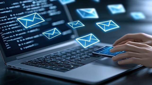 A person's hands are actively typing on a laptop while virtual email icons hover above the screen in a contemporary office setting