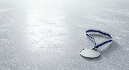 A silver medal with a blue and white striped ribbon rests on a scratched, glistening ice rink surface under bright, diffused lighting, with ample copy space.