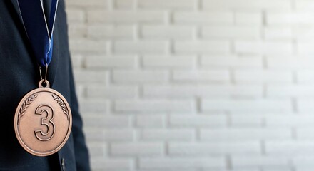 A professional person in a dark suit proudly displays a shiny bronze medal with the number three on a blue ribbon, standing against a softly blurred white brick wall.