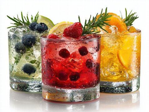 Three vibrant cocktails with ice, fruit and rosemary isolated on white background, extreme close-up highlighting condensation and texture for commercial advertising
