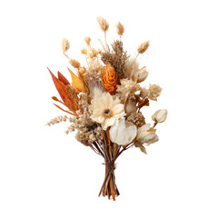 Beautiful dried flower bouquet with boho autumn style isolated on white background