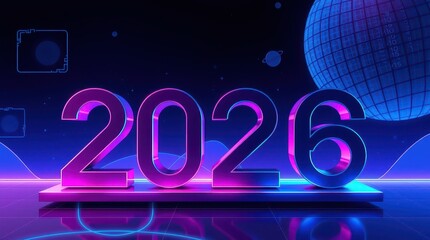 New Year neon inscription texture background abstraction 2026 wave geometry