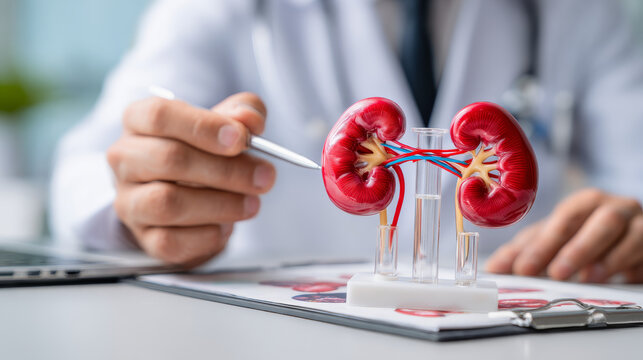Chronic kidney disease concept with a doctor examining a kidney model for treatment.
