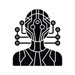 Vector glyph icon of a cybernetic humanoid bust with circuit patterns, a conceptual symbol for future technology and artificial intelligence