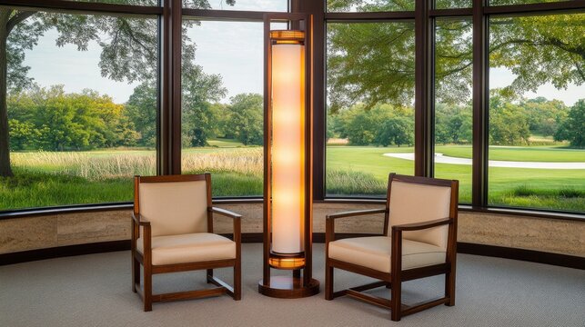 A modern living room with a tall floor lamp and warm light, featuring large windows and natural views of trees outside - Powered by Adobe