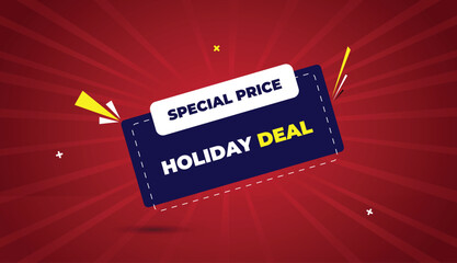 Holiday special deal web banner vector art template design badge icon label deep blue white yellow shapes bold text dark red light sun shine abstract business background creative