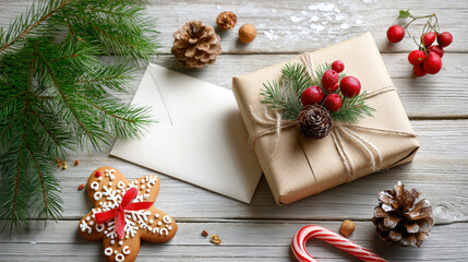 Christmas flat lay with a gift box, gingerbread cookie, and a blank envelope. Festive holiday decorations on a rustic wooden background