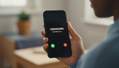 Woman holding a smartphone displaying an unknown incoming call notification on the screen, considering whether to answer a potentially fraudulent or spam call
