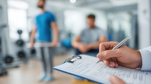 Physical Therapist Writing Notes as Patient Exercises in Bright Room