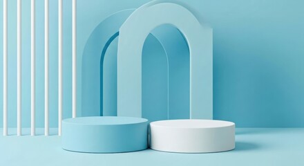 Twotiered display podiums with arched backdrop and vertical white elements