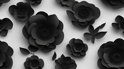 A detailed view of black paper flowers arranged on a white wall showcasing intricate designs and textures in a flat lay perspective SEAMLESS PATTERN