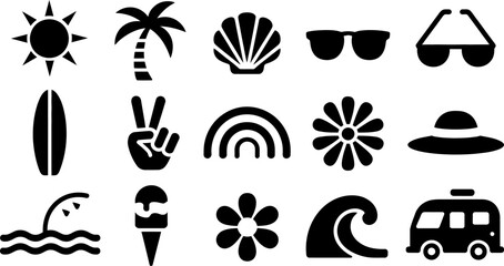 Summer beach vacation elements in black silhouettes vector illustration