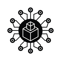 Blockchain concept with interconnected nodes representing a decentralized network and abstract cube symbolizing data or digital assets, perfect for technology and finance themes