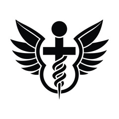 Emblem of Medical Symbolism The Rod of Asclepius intertwined with a Cross and Sword, symbolizing Healing, Protection, and Faith in the Medical Field