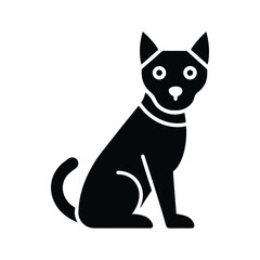 A sleek, minimalist silhouette of a domestic cat, featuring a collar, ears perked, and a curled tail. Ideal for various design applications