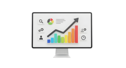 Computer monitor displaying a colorful business growth chart and analytics