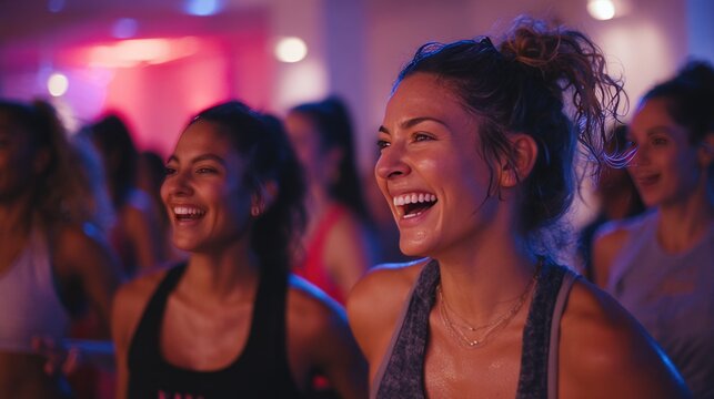 Women Enjoying Energetic Zumba Session with Colorful Lights