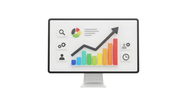 Computer monitor displaying a colorful business growth chart and analytics