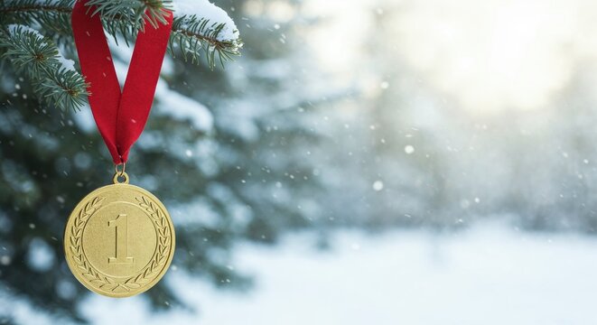 A gleaming gold medal with the number 1 and a laurel wreath hangs from a red ribbon on a snow-covered evergreen branch in a bright winter forest.