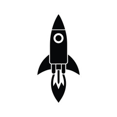 A flat vector icon of a black rocket launching upward, symbolizing a business startup, innovation, speed, and technological progress