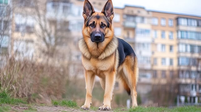 A German Shepherd stands alert near a modern apartment building capturing attention with its expressive gaze and surroundings