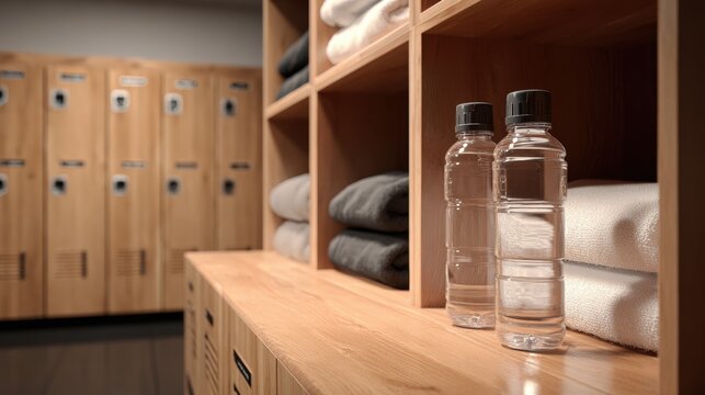 Modern Locker Room with Wooden Lockers and Neatly Folded Towels