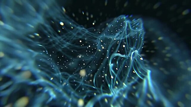 Microscopic world comes alive with flowing blue forms and shimmering particles under close focus