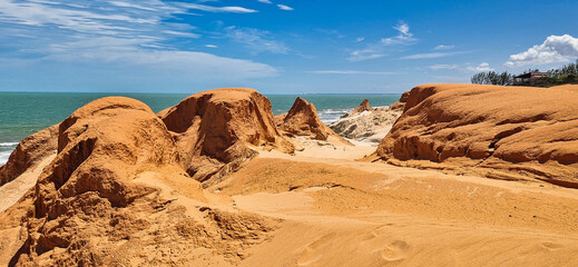 The rock formations at Canoa Quebrada Beach at Canoa Quebrada, state of Ceara, Brazil