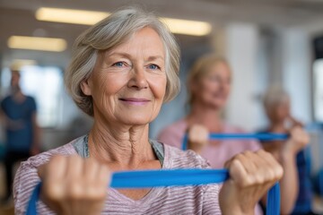 Senior Woman Practicing Pilates with Resistance Band in Therapy Studio