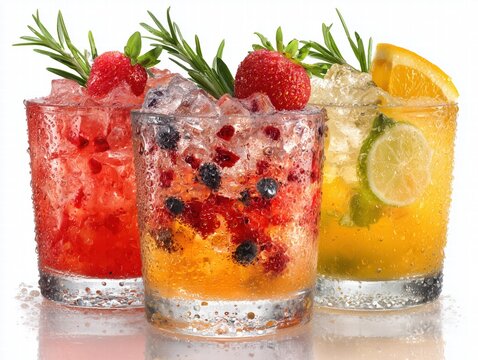 Three vibrant cocktails with ice, fruit and rosemary isolated on white background, extreme close-up highlighting condensation and texture for commercial advertising