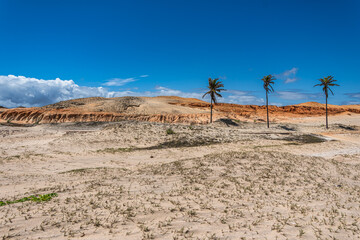 The rock formations at Canoa Quebrada Beach at Canoa Quebrada, state of Ceara, Brazil