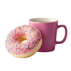 3D render of a delicious donut with sprinkles leaning against a coffee mug isolated on white background