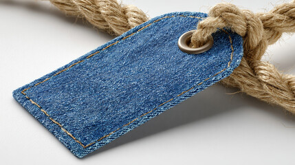 Close-up of a blue denim tag with beige rope on a white background.
